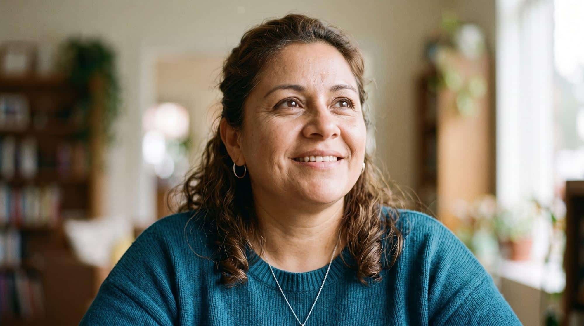 A middle-aged woman with curly brown hair smiling warmly in a bright indoor setting