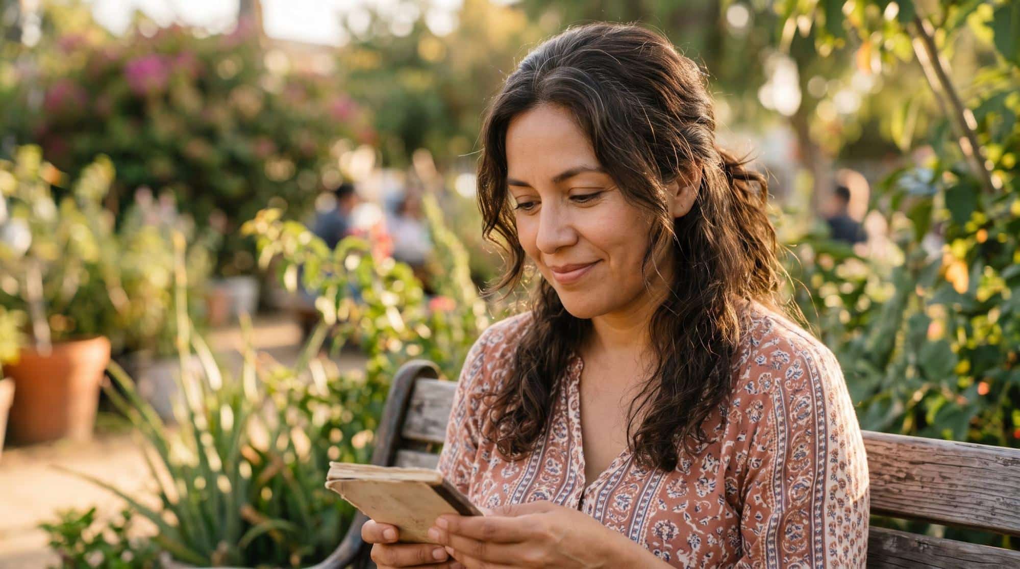 A woman sitting peacefully on a wooden bench outdoors in the sun, reading a small notebook with a gentle smile