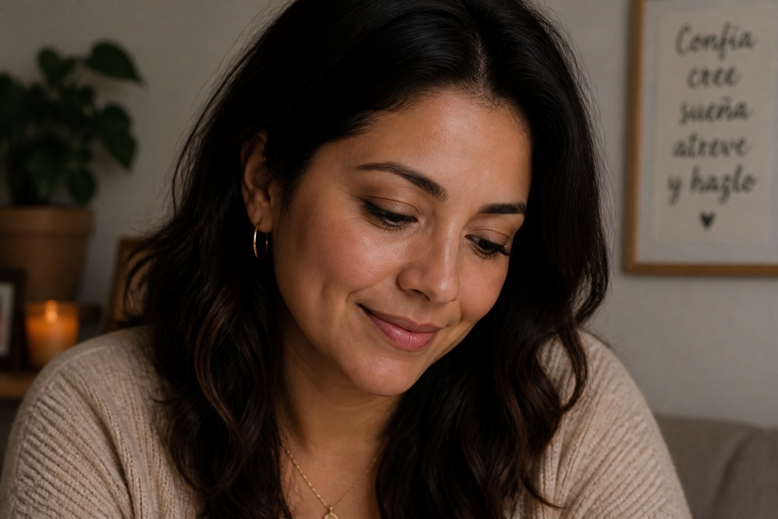 A Hispanic woman with long dark hair and gold hoop earrings wearing a beige knit sweater and smiling gently downward.