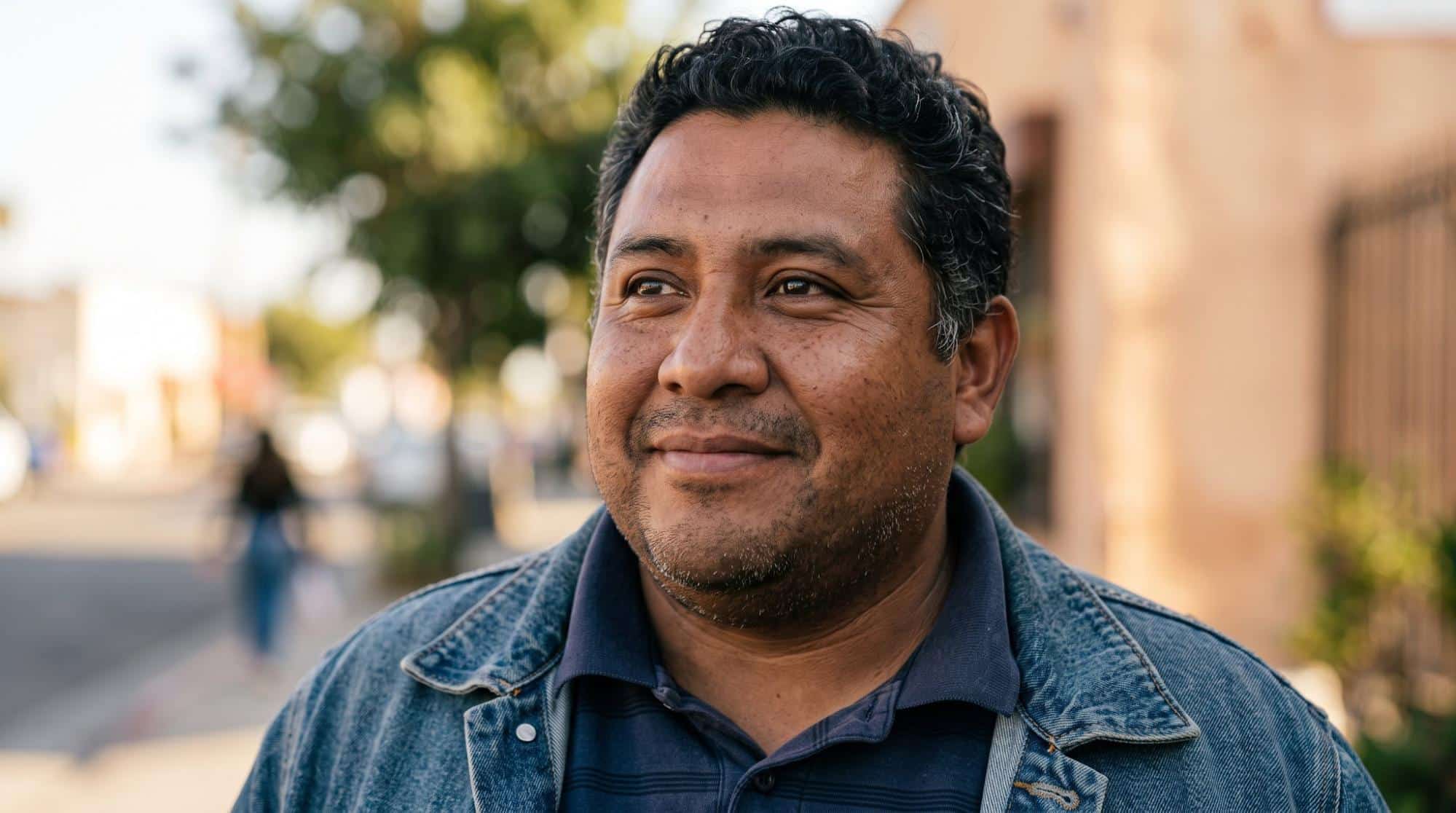 A close-up portrait of a man in a denim jacket looking off-camera with a hopeful expression on a sunny street, symbolizing individuals exploring ketamine treatment options.