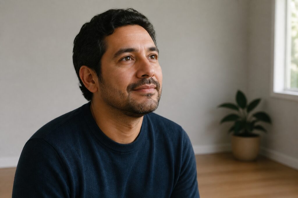 A Hispanic man with short dark hair and a light beard, wearing a dark blue crewneck sweater, sitting indoors and gazing thoughtfully upward toward a window.