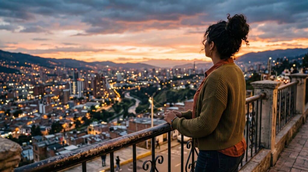 A woman stands on a balcony looking out over a sprawling city at sunset, representing clarity and peace of mind for residents in the Rio Grande Valley. 