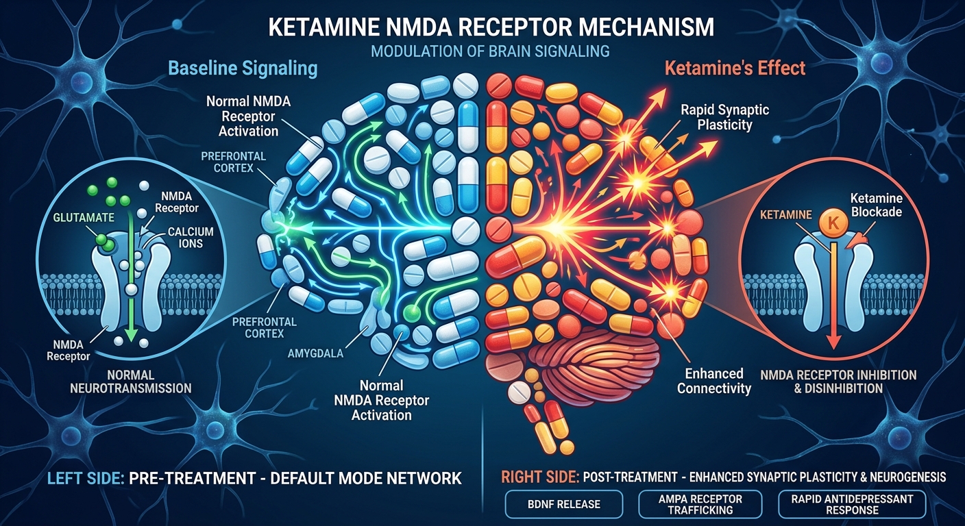 Brain shape formed with pills, representing the ketamine NMDA receptor mechanism and its effects on brain signaling. 