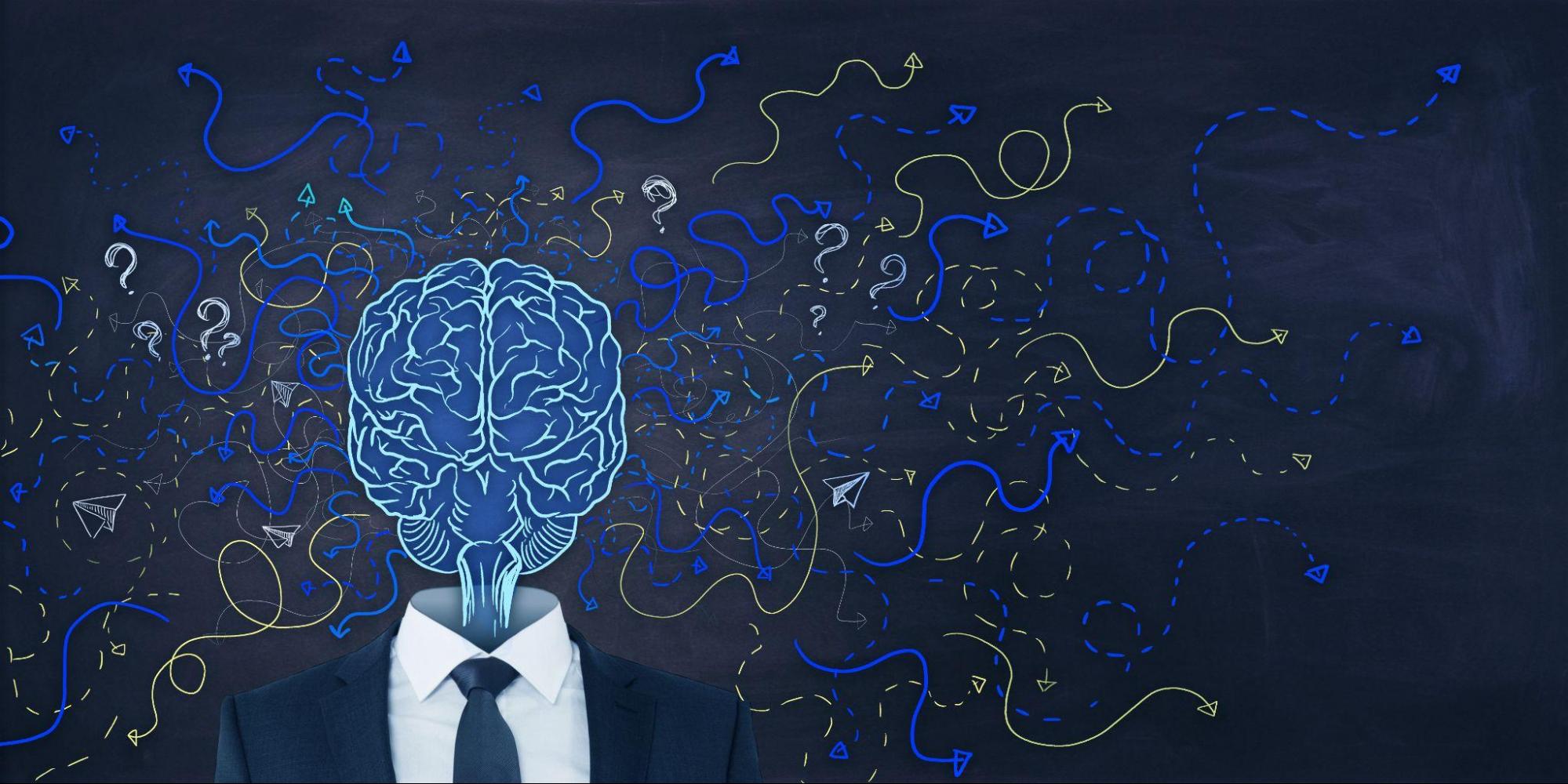 Brain illustration with winding pathways representing thought patterns and how ketamine affects the brain through changes in neural signaling. 