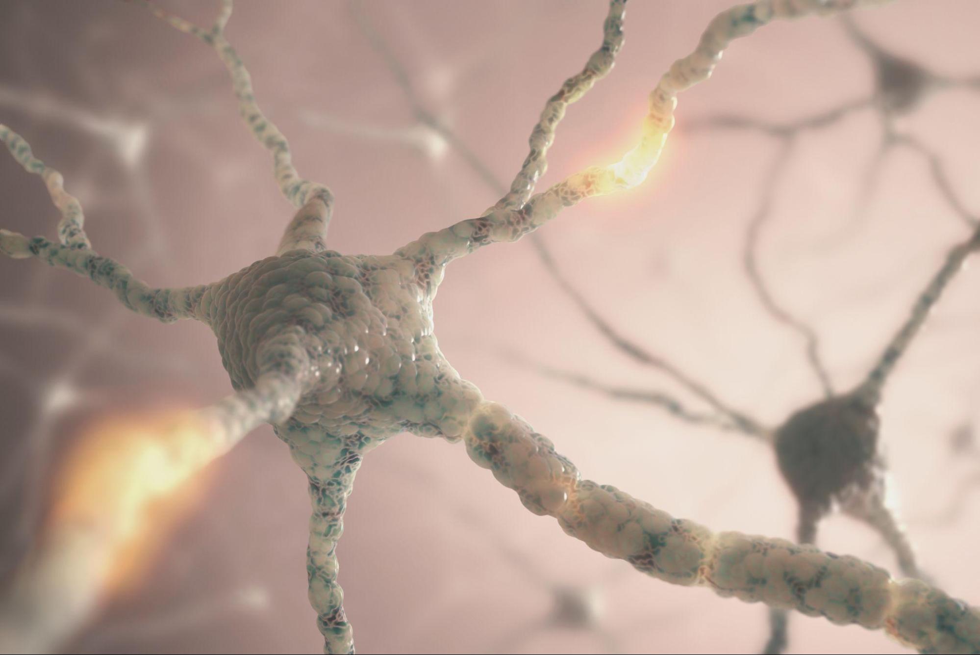 Close-up illustration of connected neurons showing brain signaling and how ketamine affects the brain through changes in neural communication. 